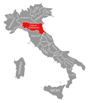 Emilia-Romagna red highlighted in map of Italy