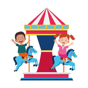 happy kids in a horse carousel icon