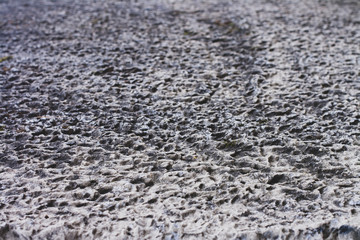 Texture of an old concrete wall with dimples, hollows with outgoing perspective. The porous surface is gray. Selective focus at the beginning.