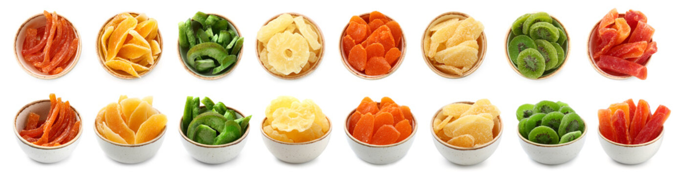 Bowls with different dried fruits on white background
