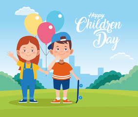 happy children day celebration with kids and balloons helium in the field