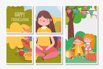 happy thanksgiving family, postcards set woman and girls park pumpkins fruits
