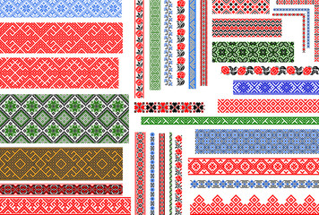 Set of editable Ukrainian traditional seamless ethnic patterns for embroidery stitch. Vintage floral and geometric ornaments.  - obrazy, fototapety, plakaty