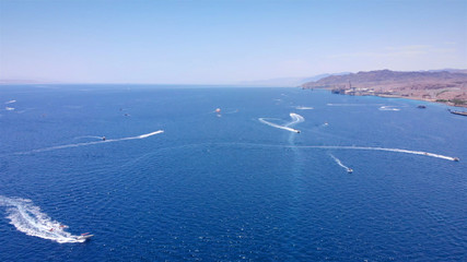Speed Boats and Jetskies in the sea Aerial footage