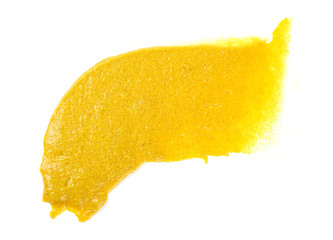 Yellow mustard sauce isolated on white background, top view.