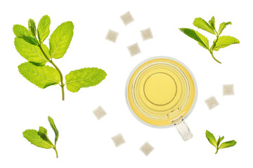 Mint Tea with Sugar Cubes isolated and  flat layed on a white background.