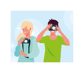 Woman and man taking picture vector design