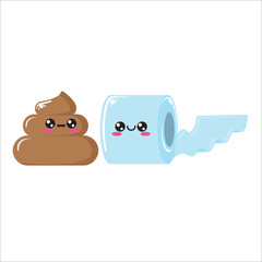 vector toilet paper and poo character set isolated on white background. Funky kawaii tolet paper roll and cute little poop collection
