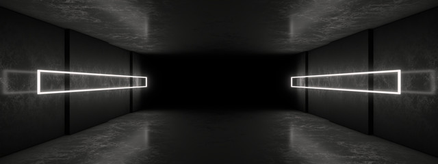 White neon lamps in a dark tunnel. Reflections on the walls.