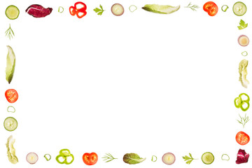 Salad ingredients frame isolated and  flat layed on a white background.