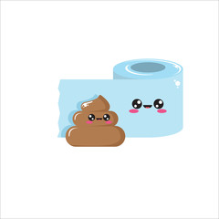 vector toilet paper and poo character set isolated on white background. Funky kawaii tolet paper roll and cute little poop collection