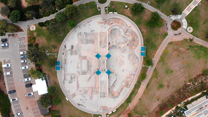 Aerial view Above Skatepark with People Skating, Top down view  