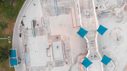 Aerial view Above Skatepark with People Skating, Top down view  