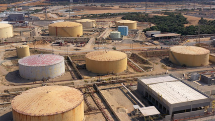 Aerial Image over Fuel Tanks Close to power Plant in the Middle east