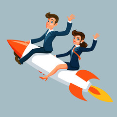 Businessman and businesswoman fly to success innovation rocket ship startup business cartoon character design vector illustration