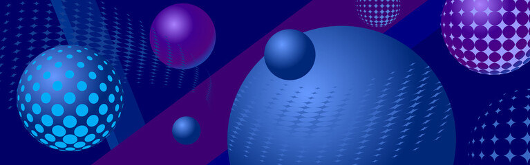 Abstract futuristic background for business and websites. Technology, communication, Internet. Space objects, planets and galaxy. Particles, spheres, circles and halftone. Dark blue and purple.