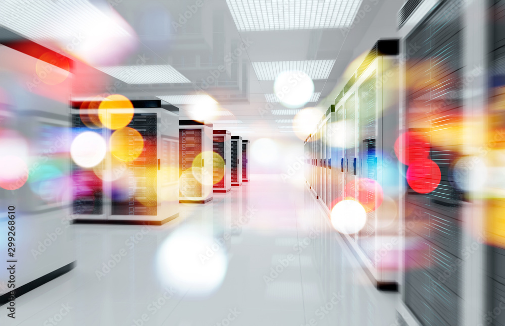 Fototapete servers data center room with bright bokeh light going through the corridor 3d rendering