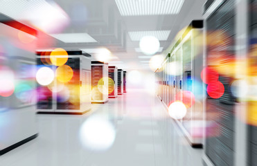 Servers data center room with bright bokeh light going through the corridor 3D rendering