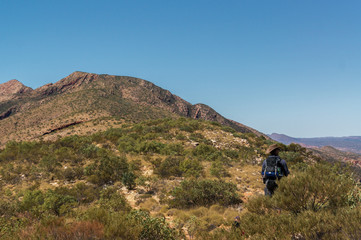 Fototapeta na wymiar man enjoying view after a hike to the top of Mount Sonder just outside Alice Springs, West MacDonnel National Park, Australia