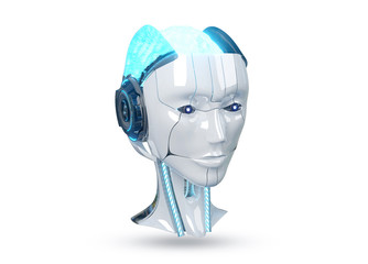 White and blue female cyborg robot head isolated on white background 3d rendering