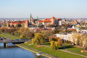 Aerial balloon view of the city, Wawel Royal Castle with Wawel Cathedral, Vistula River and Grunwald Bridge, Krakow, Poland