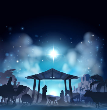 Christian Christmas Nativity Scene of baby Jesus in manger, Mary and Joseph in silhouette surrounded by animals and three wise men magi. City of Bethlehem in the distance. Vertical with copyspace