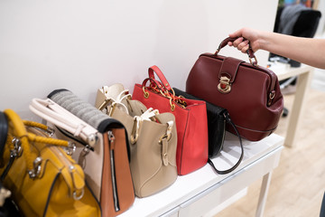 Woman taking her favourite handbag from collection of expensive fashinable bags standing on the shelf