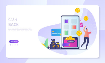 Cash Back concept design, people getting cash rewards and gift from online shopping, Suitable for web landing page, ui, mobile app, banner template. Vector Illustration