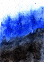 Abstract blue and black splash brush watercolor hand painting background.
