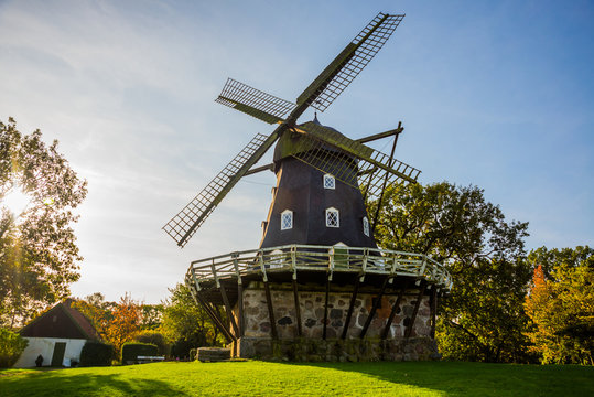 MALMO, SWEDEN: Traditional old wind mill in the park of Malmo town