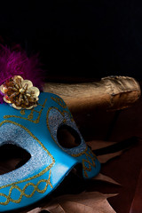 CARNIVAL MASK NEXT TO BOTTLE OF CHAMPAGNE AND TREE LEAVES. CARNIVAL PARTY.