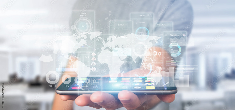 Poster businessman holding user interface screens with icon, stats and data 3d rendering