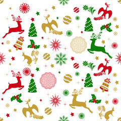 Winter christmas card. Against the background of deer, stars, birds, hares, snowflakes and ornament. Vector drawing for design.