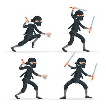 Ninja japanese secret assassin sword character set cartoon stealthy sneaking isolated on white vector illustration