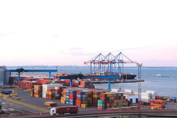 shipping containers in the port near the sea. Odessa port