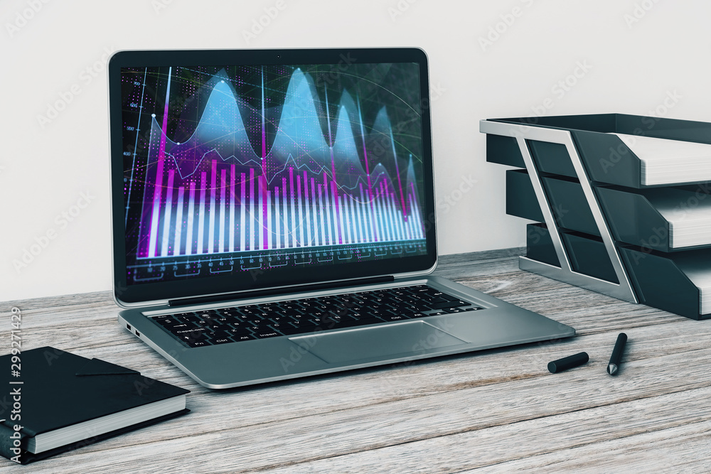 Poster laptop closeup with forex graph on computer screen. financial trading and education concept. 3d rend