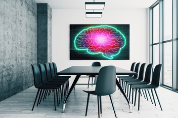Conference room interior with human brain drawing on screen on the wall. Brainstorm concept. 3d rendering.
