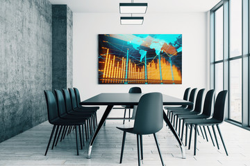 Conference room interior with financial chart and world map on screen monitor on the wall. Stock market analysis concept. 3d rendering.