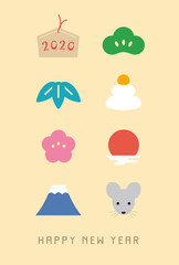 Japanese new year card with 8 icons. Yellow background. Sign, pine, bamboo, rice cakes, plum, sunrise, Mount Fuji, mouse.