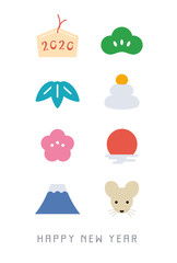 Japanese new year card with 8 icons. White background. Sign, pine, bamboo, rice cakes, plum, sunrise, Mount Fuji, mouse.