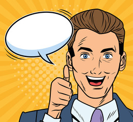 elegant businessman with speech bubble pop art style