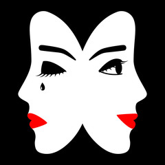 Profile face of young girl, emotions crying and joy, duality. Opposite mood, emotions, struggle, ambivalence. Vector flat illustration