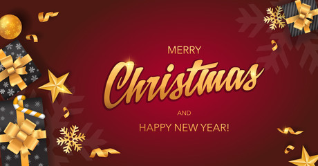 Merry Christmas and Happy New Year red backgrounds template with gold glitter elements and calligraphy
