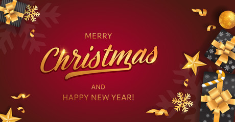 Obraz na płótnie Canvas Merry Christmas and Happy New Year red backgrounds template with gold glitter elements and calligraphy