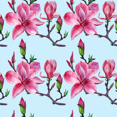 seamless pattern with pink Magnolia flowers. watercolor Botanical