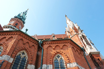 Church spire of Saint Joseph Church (Parish of St. Joseph) - historic Roman Catholic church in south-central part of Krakow, Poland