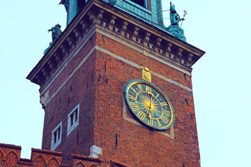 A view of a Wawel castle with Gardens and cathedra. Historic city of Krakow in Poland. clock tower