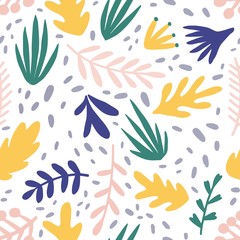 Abstract plants flat vector seamless pattern. Minimalistic foliage and branches texture. Beautiful botanical background. Colorful twigs and leaves. Floral wallpaper, textile, wrapping paper design.
