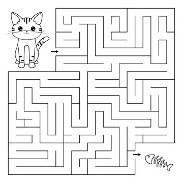 Coloring page for kids cute kawaii cat. Maze game. Help the kitten find right way to fish bone.