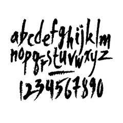 Vector numbers and lowcase letters. Hand written latin alphabet. Isolated black on white background. Clipping paths included.